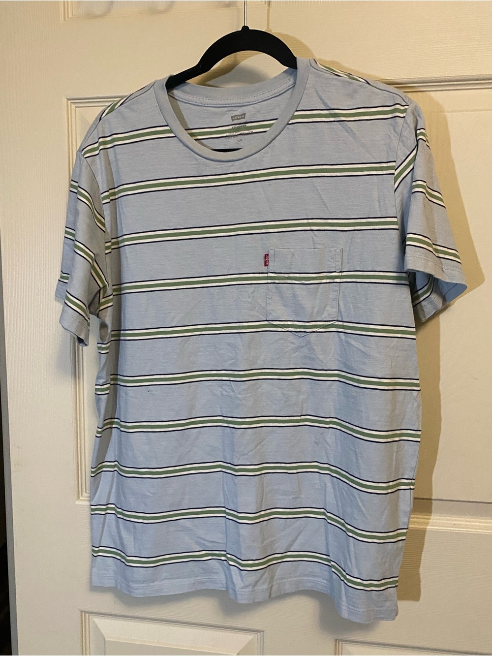 Levi's Light Blue Striped Pocket Tee with Green & Navy Accents
